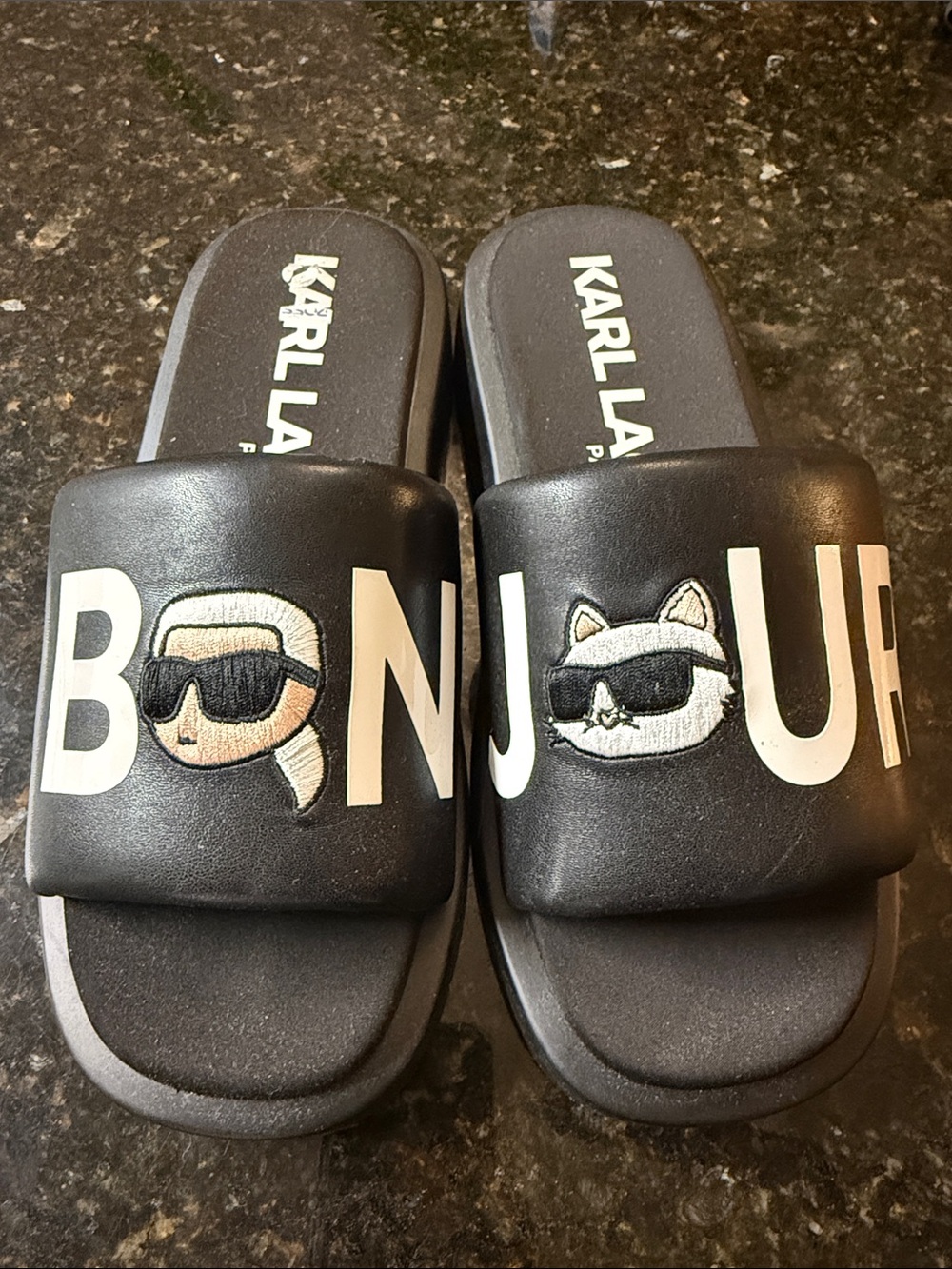 The beautiful Karl Lagerfeld Paris Opal Bonjour Platform Slide Sandals 9